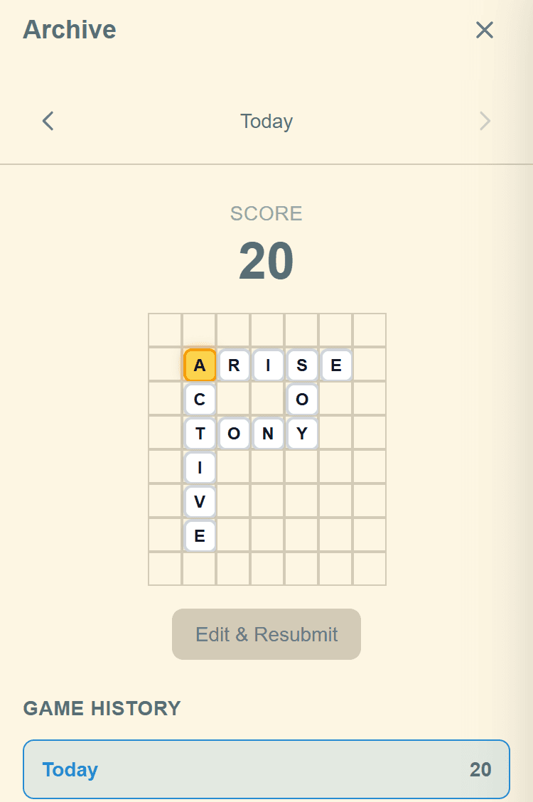 Archive page with date navigator and game history list
