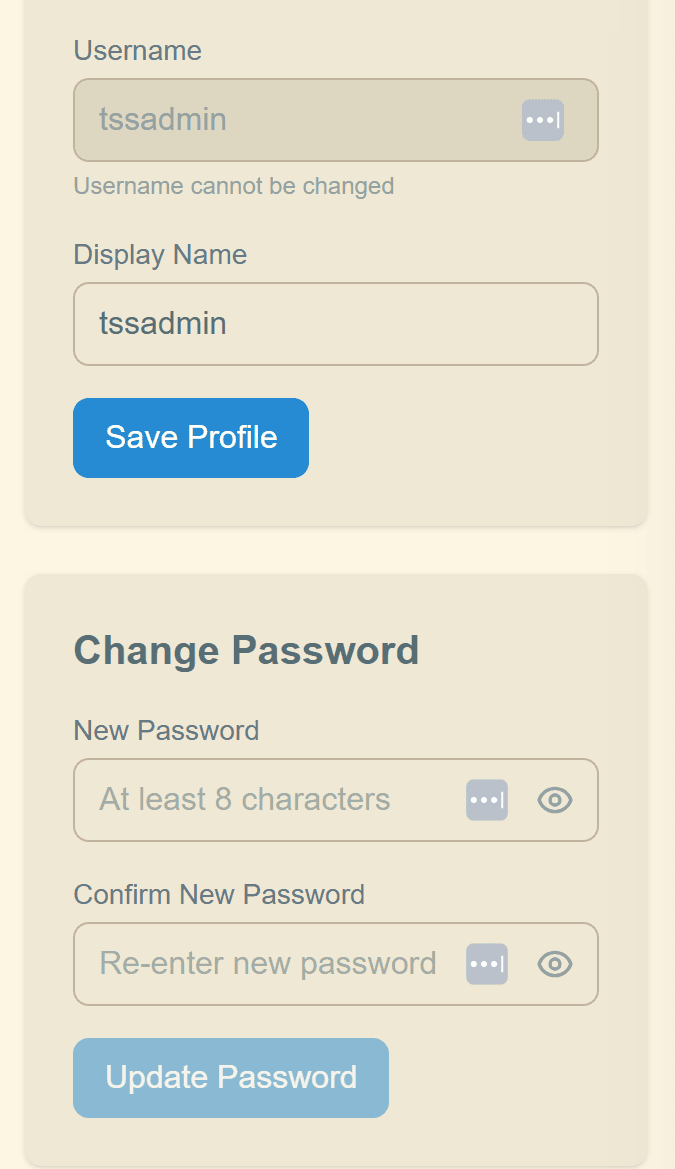 Settings page showing profile, password, and account sections