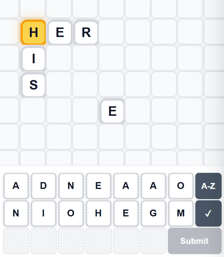 Tiles placed on the grid forming connected crossword words
